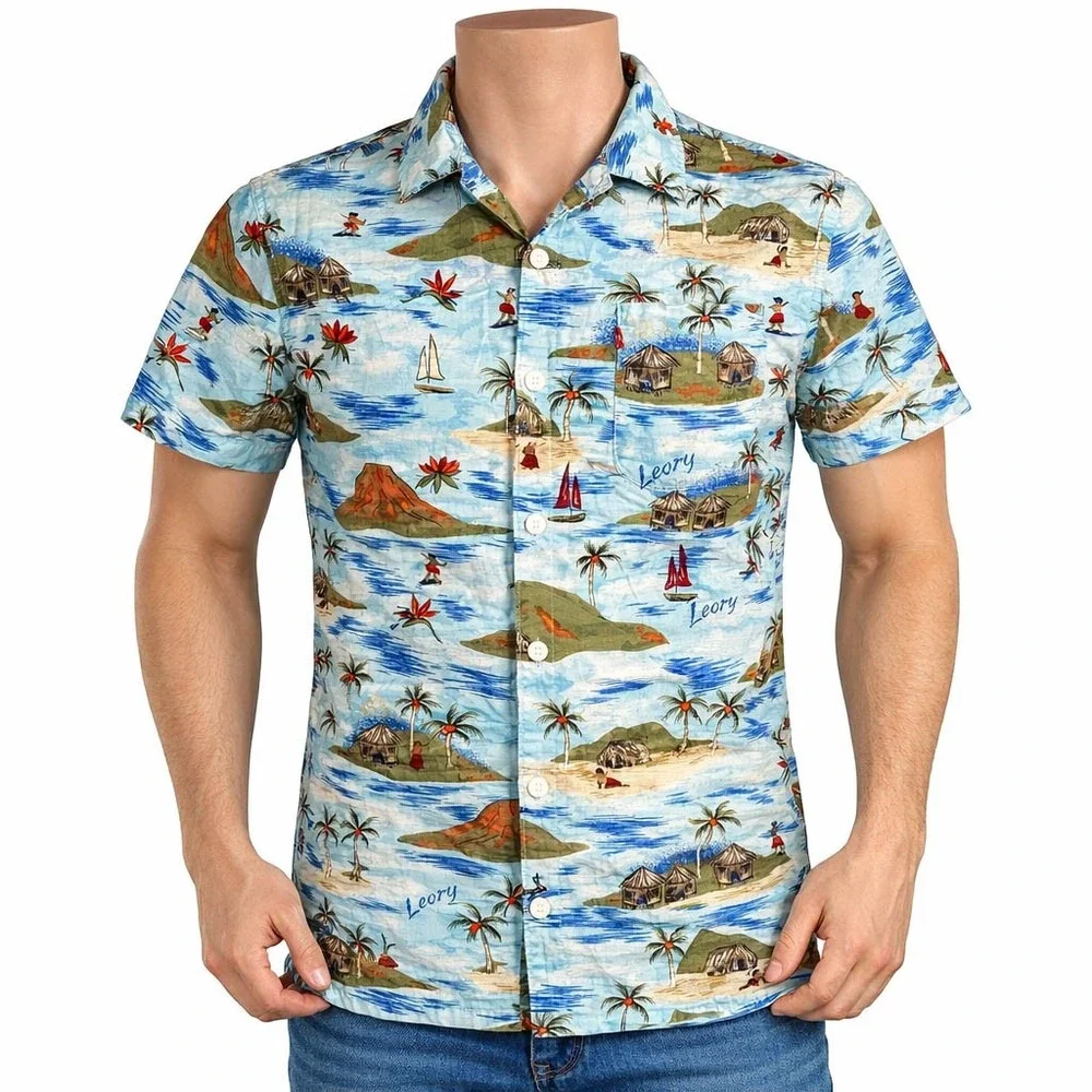 Levi's Hawaiian Aloha Shirt Small Volcanoes Huts Palm Trees Boats Blue-Green